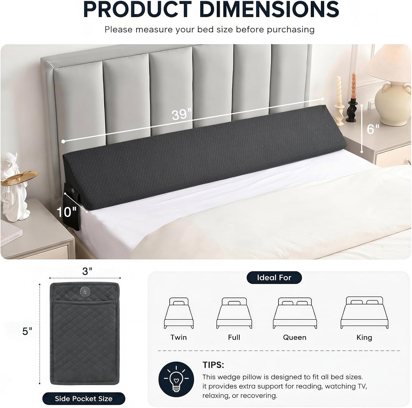 King Size Bed Wedge Pillow for Headboard/Gap Filler Prevent Things Drop | Long Triangle Edge Corner Pillow for Bed Gap Filler King Couch Apartment Home Essentials, Dense Foam, Pockets,10x6x76in Black