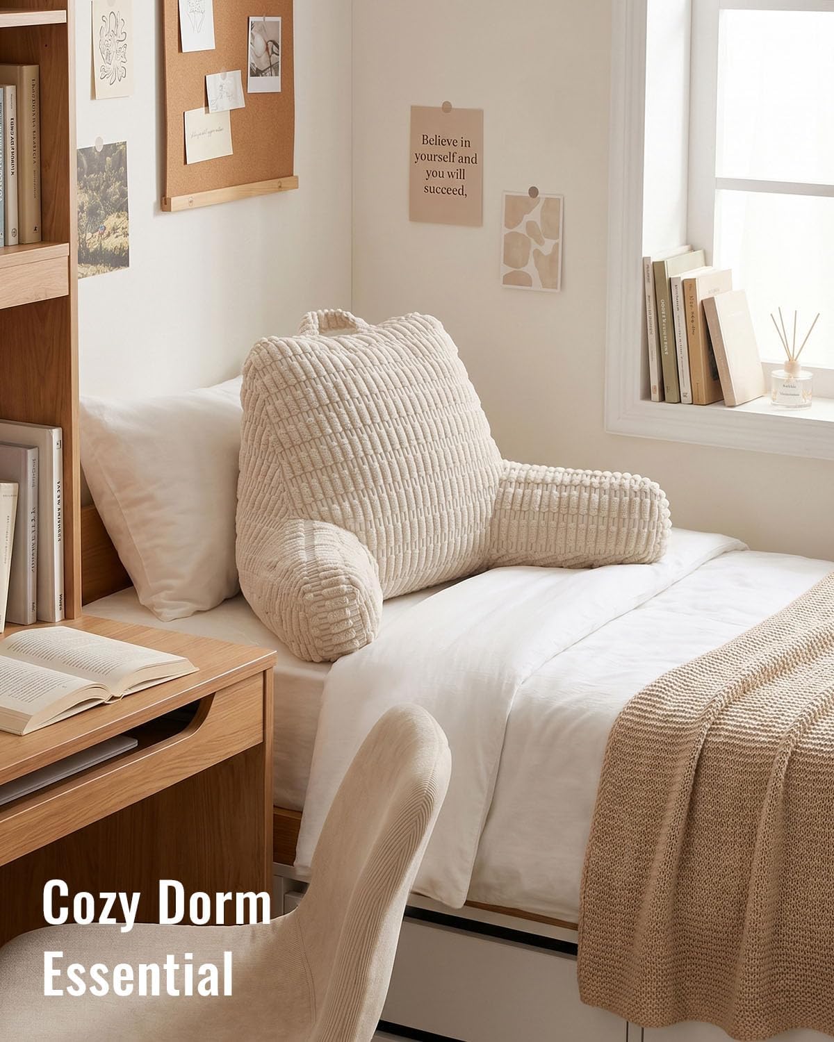 Blissful Diary Reading Pillow, Backrest Pillow with Shredded Memory Foam for Adult & Children, Designed for Bed and Couch Sitting Up, Includes Arms, Pockets and Washable Cover, Off White