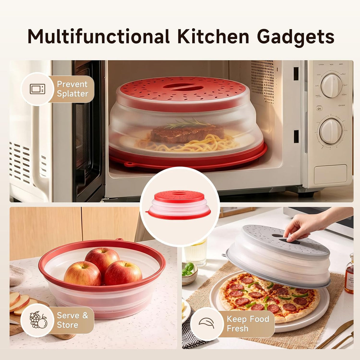 Microwave Splatter Cover for Food with Anti-scald Base Plate, Grey