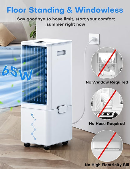 Windowless Air Conditioner w/4 Mode,3 Speed, Waterless Alert,2.4-Gal Tank for 24H Cooling, 12H Timer Swamp Cooler Air Conditioner, 20FT Remote,70° Auto Swing Evaporative Air Cooler for Bedroom