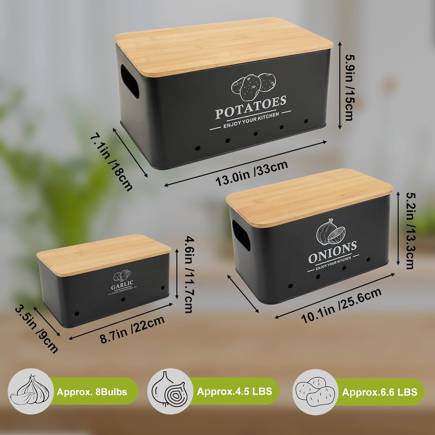 Kitchen Vegetable Storage Set of 3, Metal Onion Garlic Potato Storage Set, Kitchen Canisters Vegetable Keeper Containers with Aerating Holes and Bamboo Lid,Black