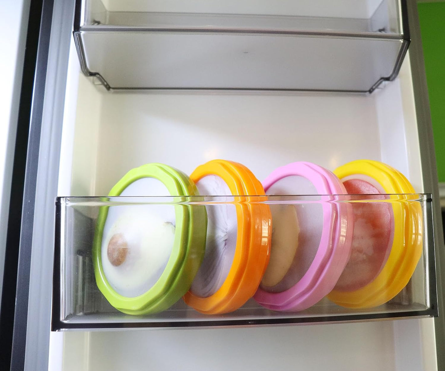 Onion storage and Avocado Saver,Set of 4 Double-Sided Silicone Fruit Keeper Containers for Fridge,Tomatos Holder,Lemons,Garlic,and Potatoes