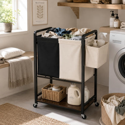 Rolling Laundry Sorter Cart with 2 Removable Bags, Double Laundry Hamper with Wheels, Side Storage Basket and Bottom Shelf, Black and Beige