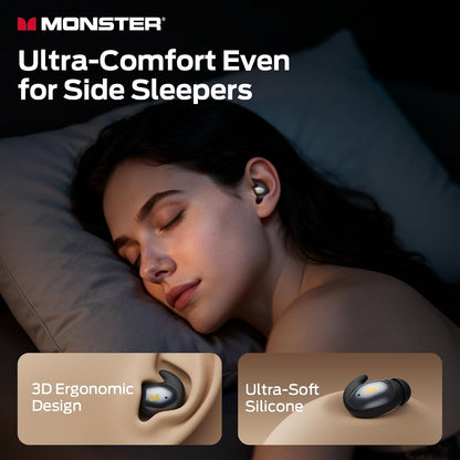 Monster Sleep Ear100 Ear Buds, Sleep Headphones with Stereo Sound, Design for Side Sleeper, 32H Playtime, Bluetooth 6.0, ENC Noise Cancelling, IPX6 Waterproof Mini Earbuds, Black