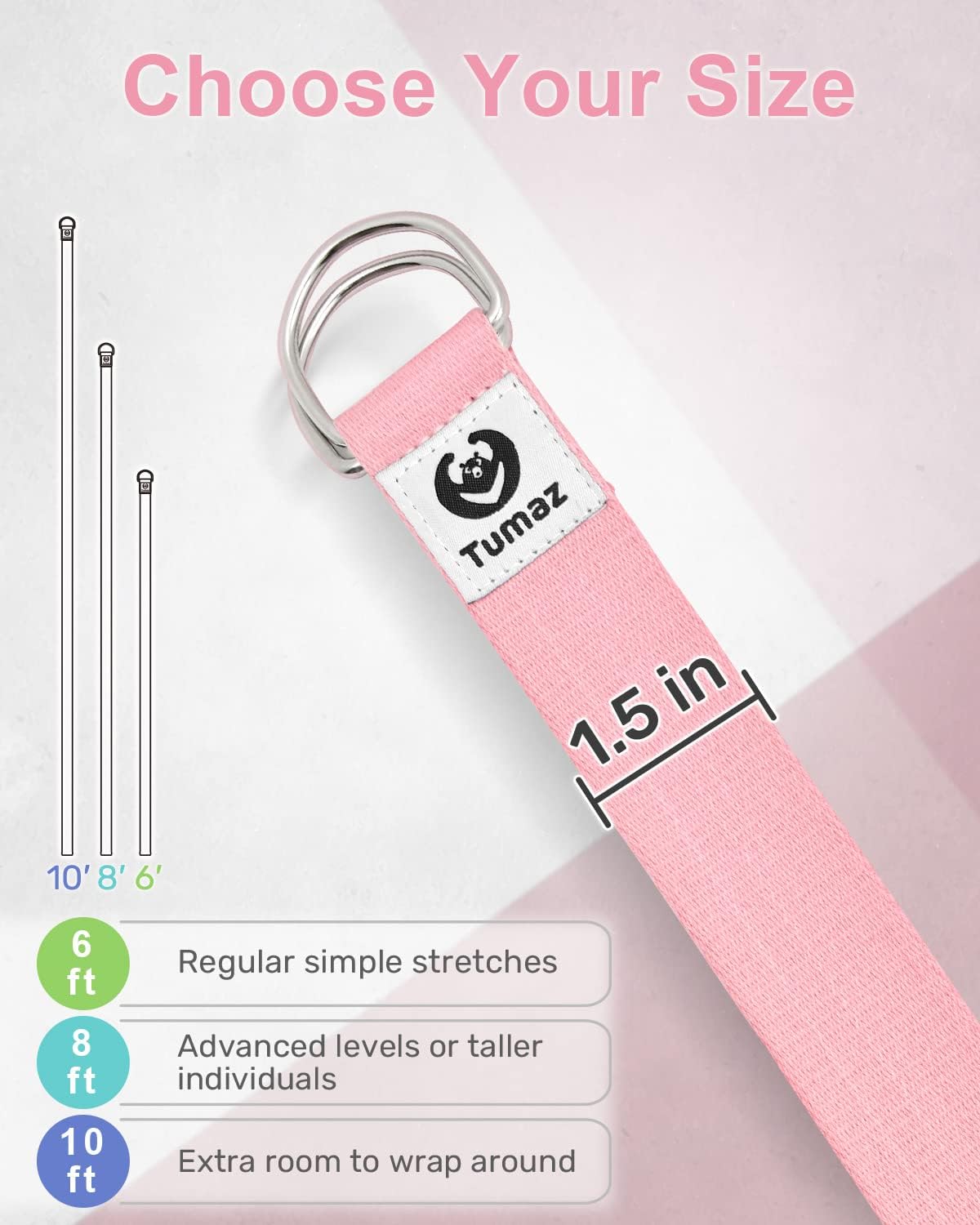 Tumaz Yoga Strap for Stretching with Adjustable D-Ring, 6/8/10 ft