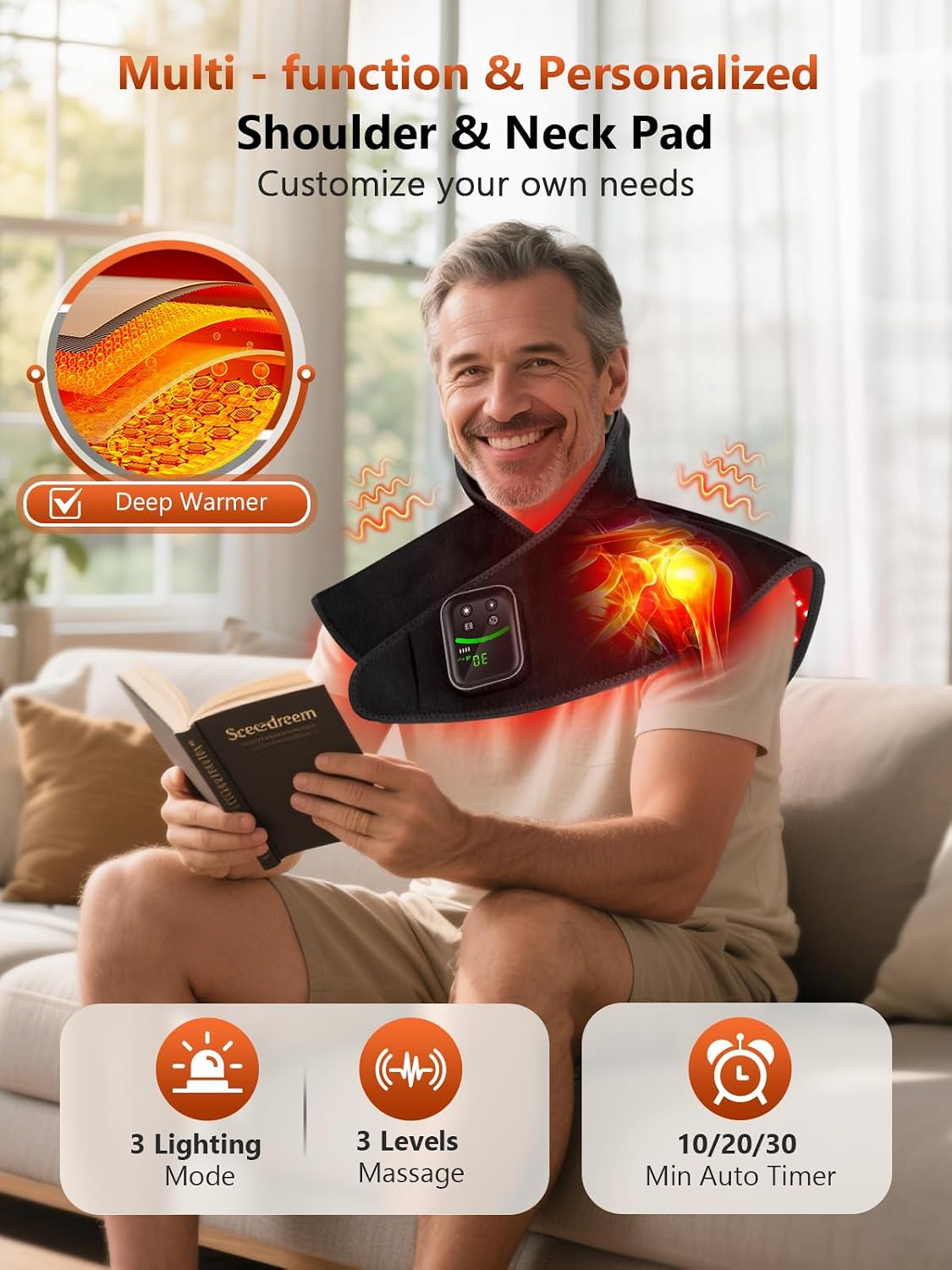 RELEXNOW Red Light Therapy for Shoulders and Neck Massage with Heat, 5000 mAh Battery Cordless Near Infrared Red Light Therapy Pad for Body, Wearable Heating Pad for Upper Back, Shoulder & Neck(Black)