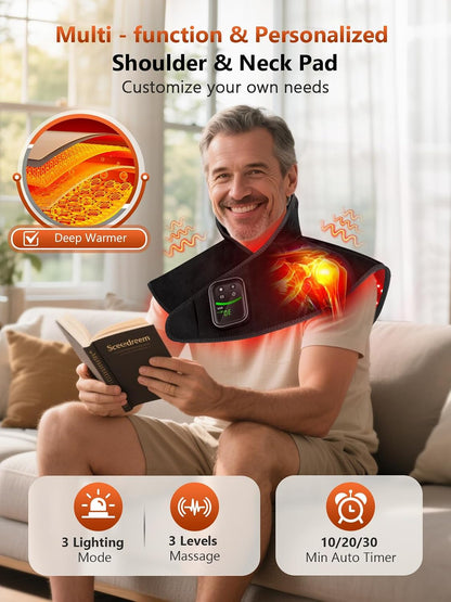 RELEXNOW Red Light Therapy for Shoulders and Neck Massage with Heat, 5000 mAh Battery Cordless Near Infrared Red Light Therapy Pad for Body, Wearable Heating Pad for Upper Back, Shoulder & Neck(Black)