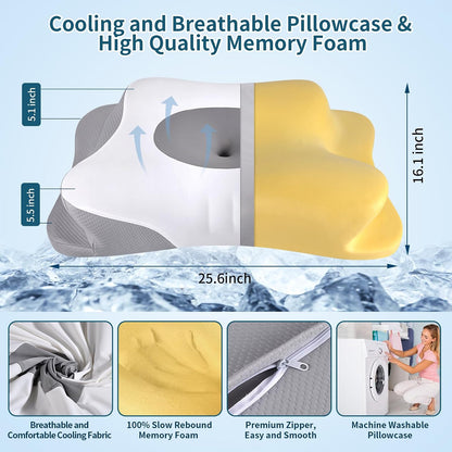 Cervical Pillow for Neck Pain Relief, Ergonomic Neck Pillow for Sleeping, Contour Side Sleeper Pillow for Neck Support, Orthopedic Cooling Memory Foam Pillows for Back Stomach Sleepers (White & Blue)