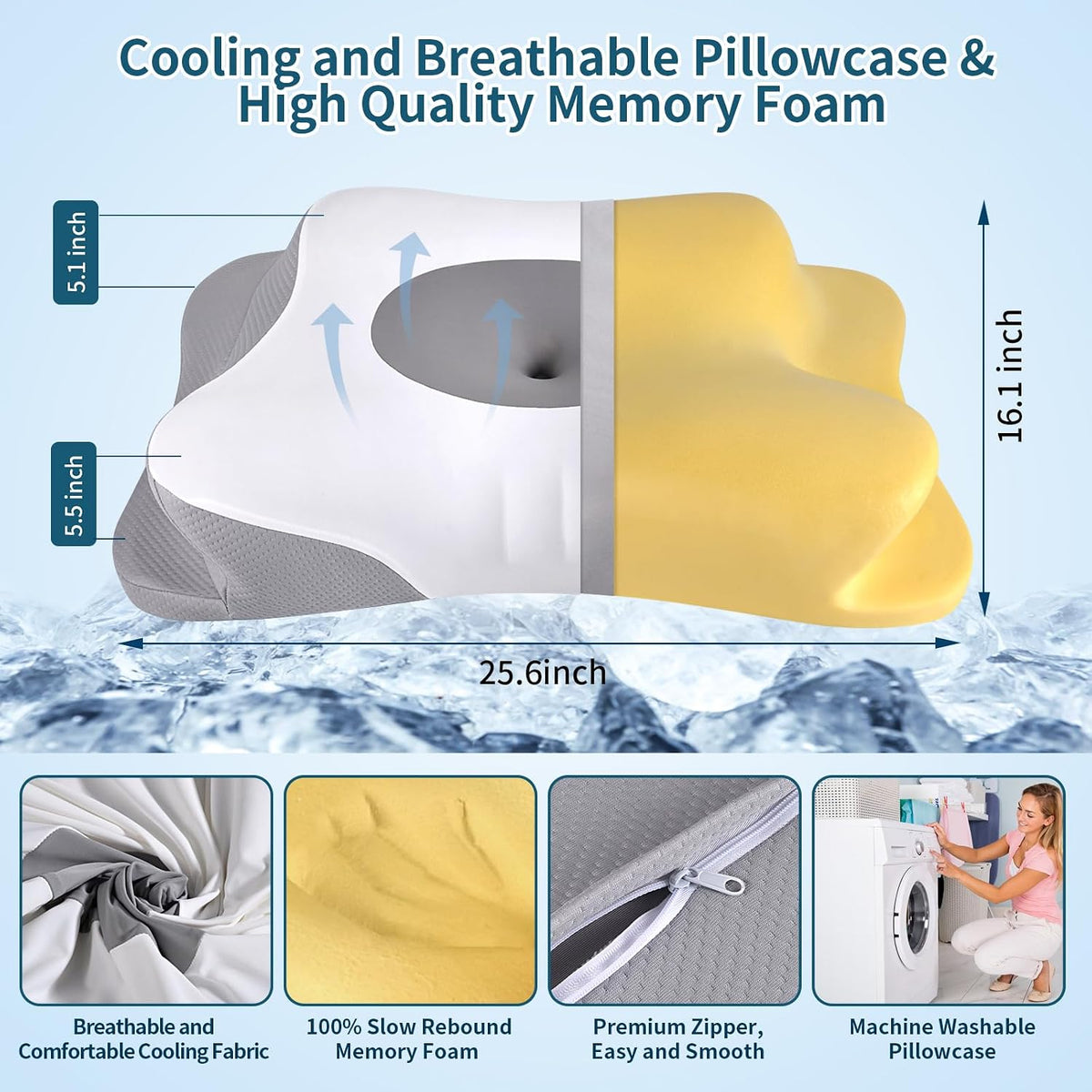 Cervical Pillow for Neck Pain Relief, Ergonomic Neck Pillow for Sleeping, Contour Side Sleeper Pillow for Neck Support, Orthopedic Cooling Memory Foam Pillows for Back Stomach Sleepers (Blue)