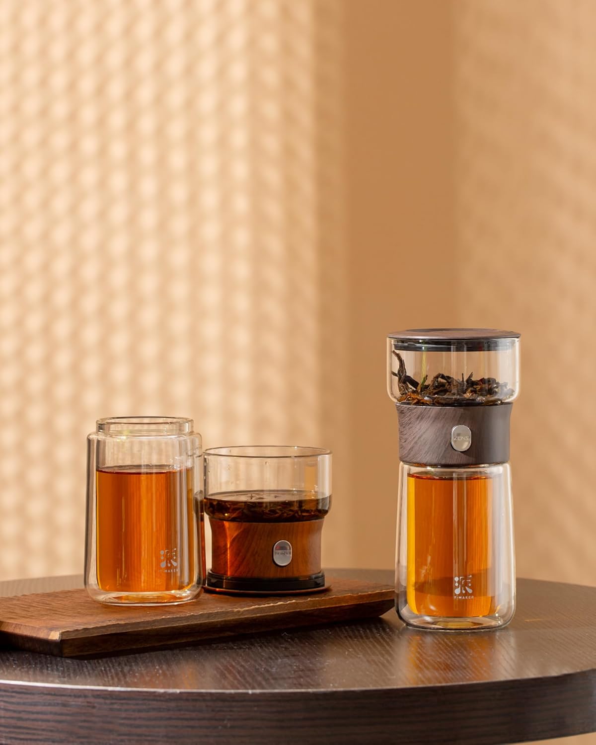 ZENS Glass Infuser Teapot, One Touch Tea Maker for Loose Leaf Tea, Walnut