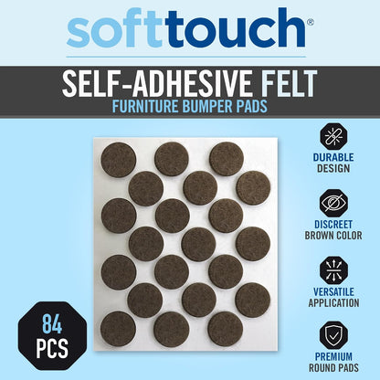 SoftTouch 3/8" Round Mini Self-Stick Furniture Slider Felt Pads for Hard Surfaces, Noise-Reducing Adhesive Furniture Moving Pads for Beds, Sofas, Dressers, 84-Count, Brown