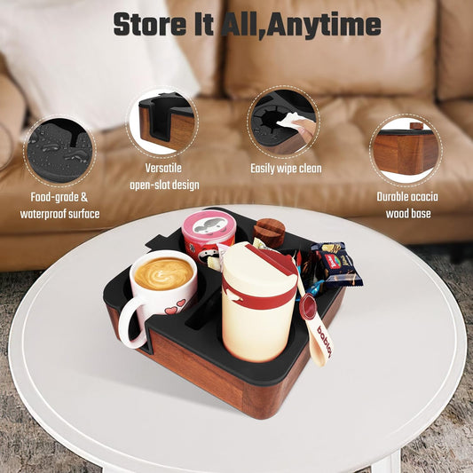 Couch Cup Holder Tray, Real Acacia Wooden Caddy with Soft Silicone, Snack and Drink Organizer- Perfect Movie Night Accessories for Bed, Remote and Cup Holders for Sofa (Black)