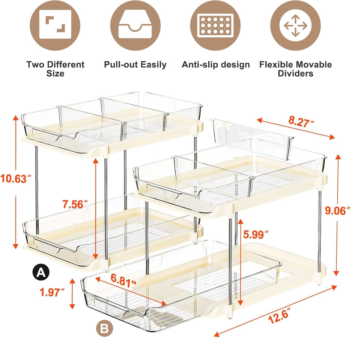 Delamu 2-Tier Multi-Purpose Bathroom Under Sink Organizers and Storage, Stackable Kitchen Pantry Organization, Pull Out Medicine Cabinet Organizer with Movable Dividers, White, 2 Pack