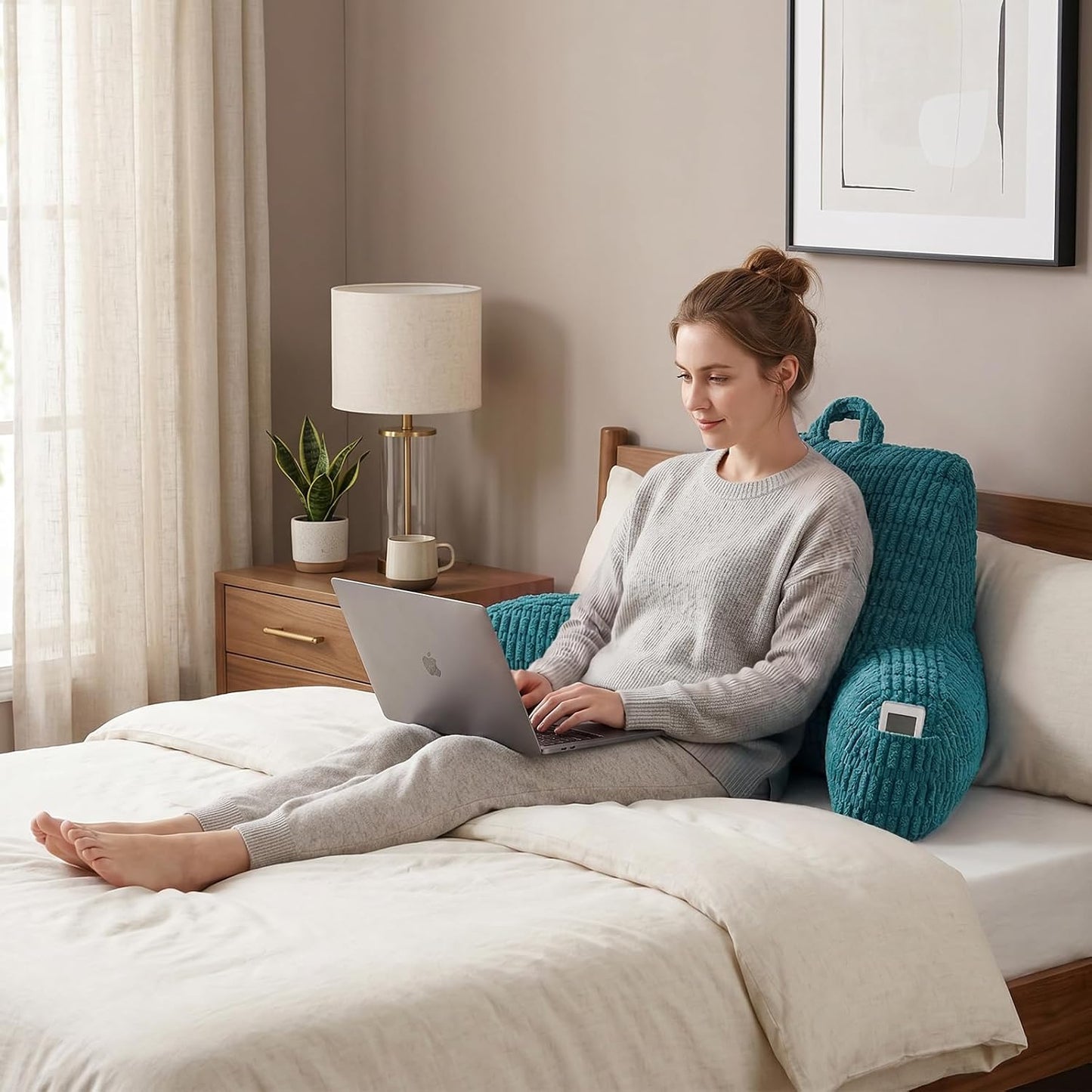 Reading Pillow with Arms for Sitting in Bed,Backrest,White Flannel,M | 17" Backrest Supports Back for College Students,Elbows & Forearms for Dorm Reading,Gaming,Watching TV