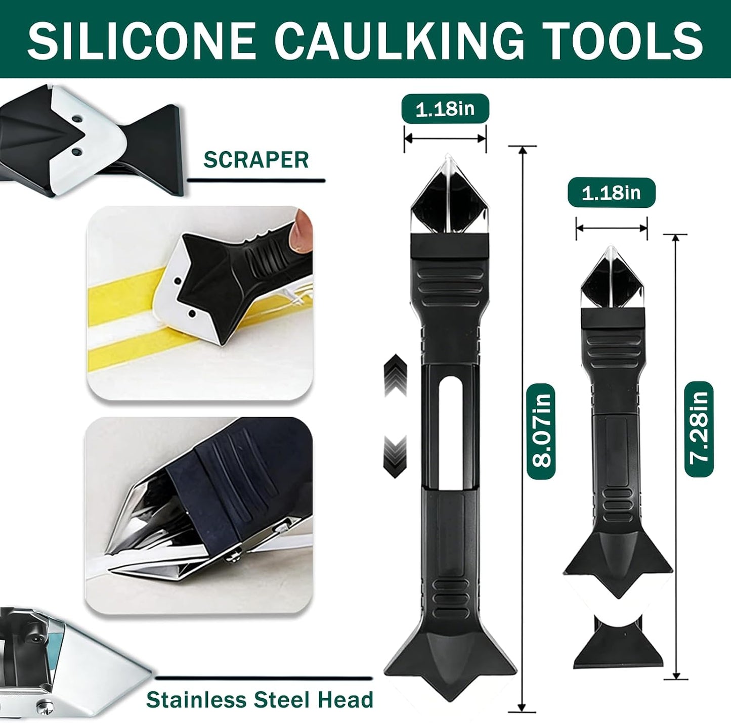 3-in-1 Silicone Caulking Tool – Stainless Steel Caulk Remover & Sealant Finishing Scraper, Grout Removal Tool, Caulk Edger & Seam Repair Kit for Bathroom, Kitchen, Floor, Window, Sink Joints