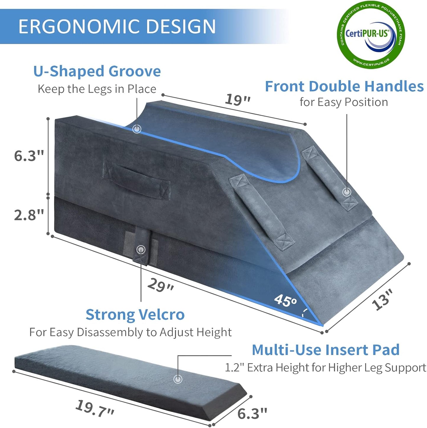 KingPavonini 4-Height Adjustable Leg Elevation Pillows for After Surgery | Soft Yet Supportive Memory Foam, Fits Various Heights, Relieve Pain & Swelling, 4 Handles & Insert Pad, Washable Velvet Cover