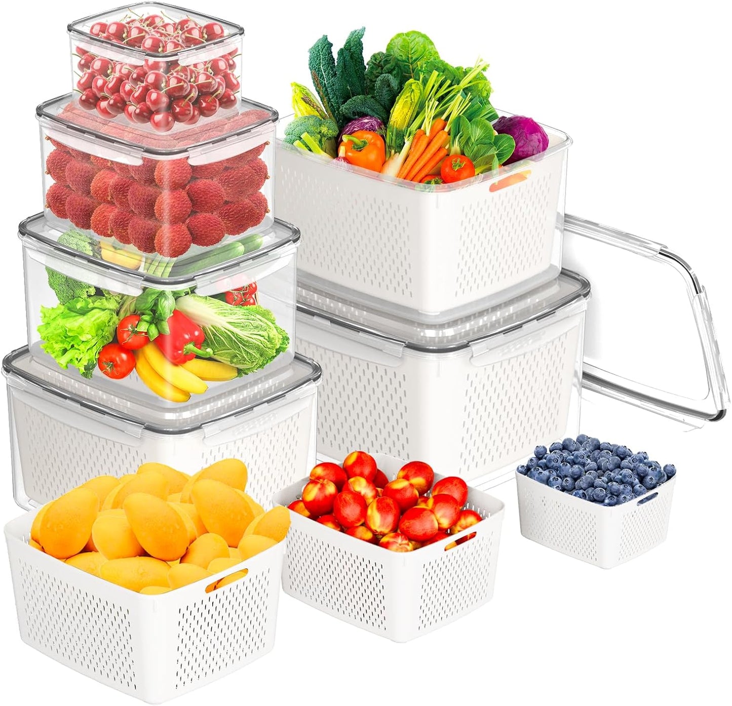 Fruit Storage Containers for Fridge - 5 PCS Poduce Containers for Fridge - with Removable Drain Basket - Keep Fruit Lettuce Berry Vegetables Meat Food Stay Fresher Longer