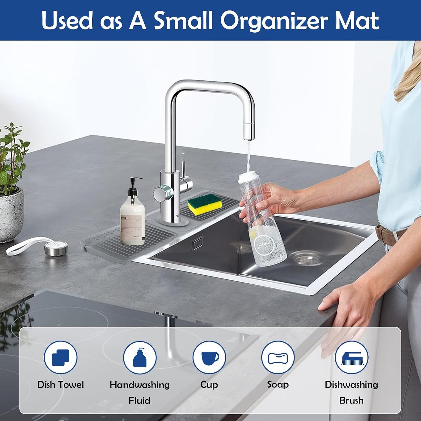 24"Longer Silicone Faucet Mat For Kitchen Sink Splash Guard Gray, 24"x5.5" | 7° Slope Snap Lock- Sink Faucet Mat Splash Guard Kitchen Sink Area Silicone Sink Water Splash Guard Behind Faucet