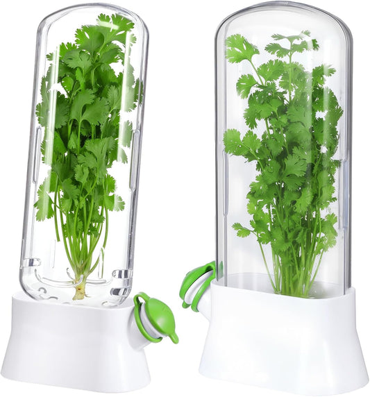 2 Pcs Refrigerator Fresh Green Keeper for Cilantro, Parsley, Asparagus – White Round Pod Container with Silicone Seal, 10.6 x 5.12 x 2.87 Inches, Keeps Greens Fresh Up to 3 Weeks