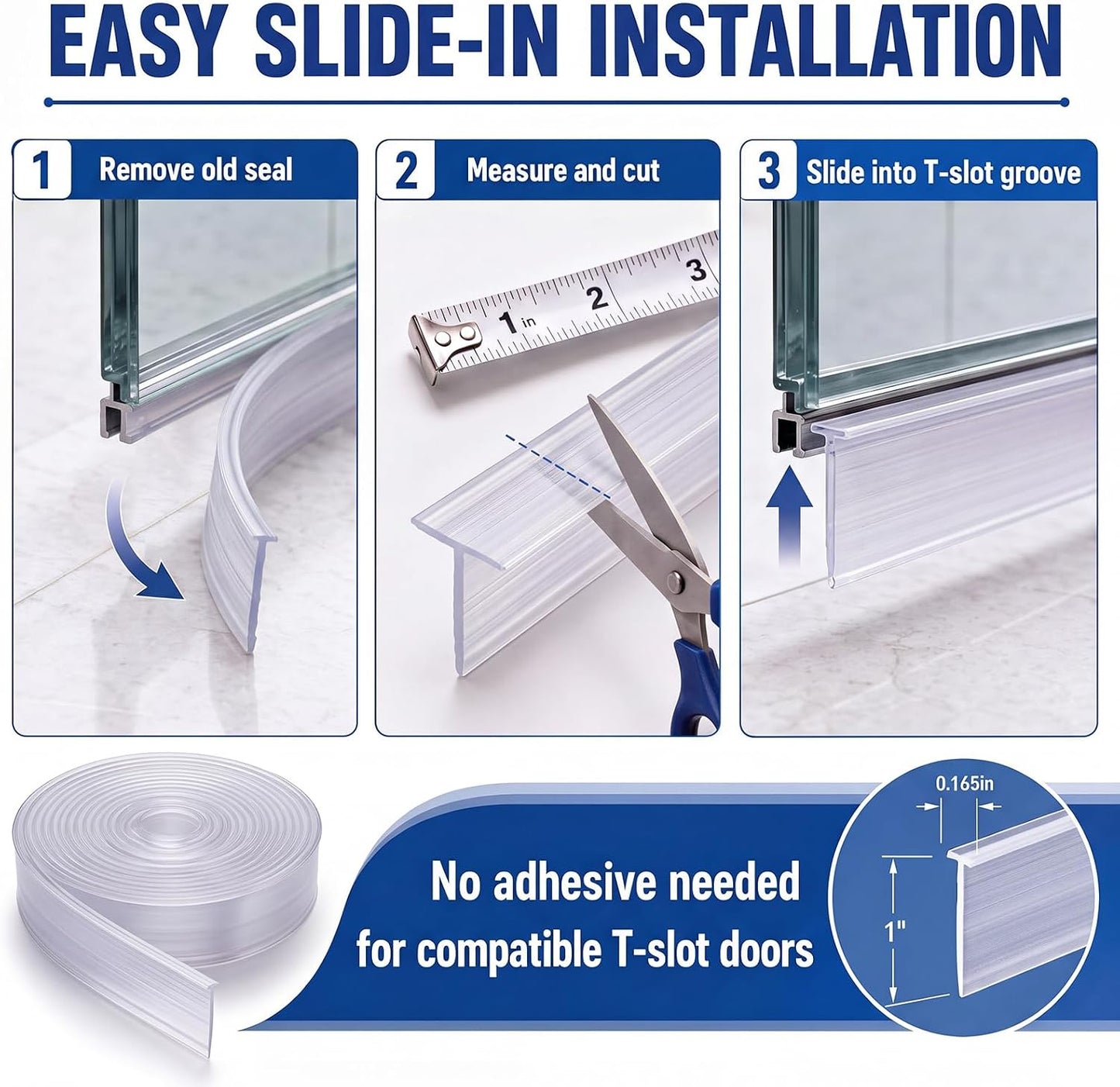 Treela 108-Inch 1" T-Slot Shower Door Seal Strip | Flexible silicone blocks leaks/splashes and replace old, cracked, loose, or missing door sweeps