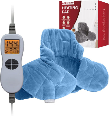 Ambershine 19''x24'' Weighted Neck & Shoulder Heating Pad, 2.5lbs with 12 Temperature Settings& 4 Auto-Off Timers, Pain Relief for Neck/Shoulder/Back(Gray&Blue)