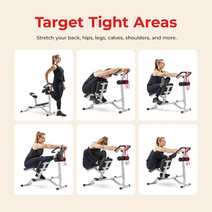 Sunny Health & Fitness Full Body Stretch Machine Back Stretcher Pivot Seat | Pivoting Seat, Multi-Use Handlebar, Padded Back Support, Full-Body Stretching, Flexibility Training, Home Gym Use