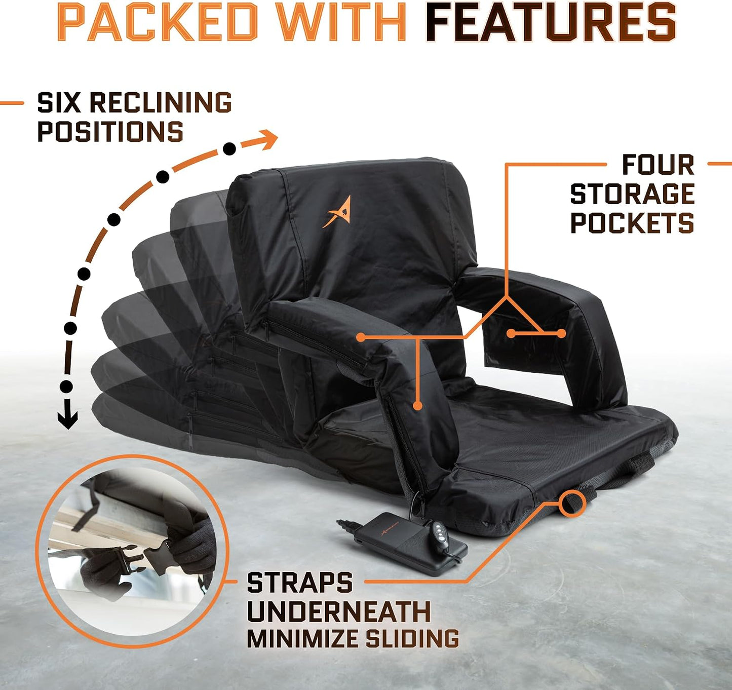 Heated Stadium Seats for Bleachers with Back Support – USB Battery Included - Upgraded 3 Levels of Heat - Foldable Chair - Cushioned, 4 Pockets for Snacks, Cup Holder - for Camping, Games & Sports