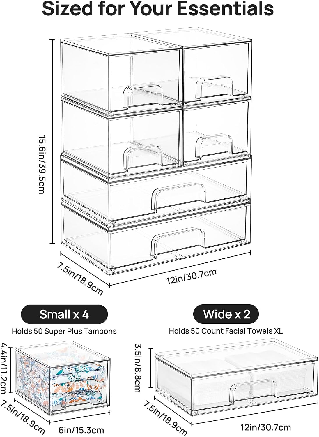 Vtopmart Clear Stackable Storage Drawers Set of 6, Plastic Organizer Bins | Multi-purpose Boxes for Bathroom Accessories Storage, Ideal for Cabinet, Shelf, Pantry, Laundry Room Organization