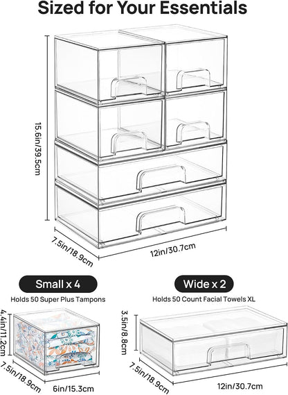 Vtopmart Clear Stackable Storage Drawers Set of 6, Plastic Organizer Bins | Multi-purpose Boxes for Bathroom Accessories Storage, Ideal for Cabinet, Shelf, Pantry, Laundry Room Organization