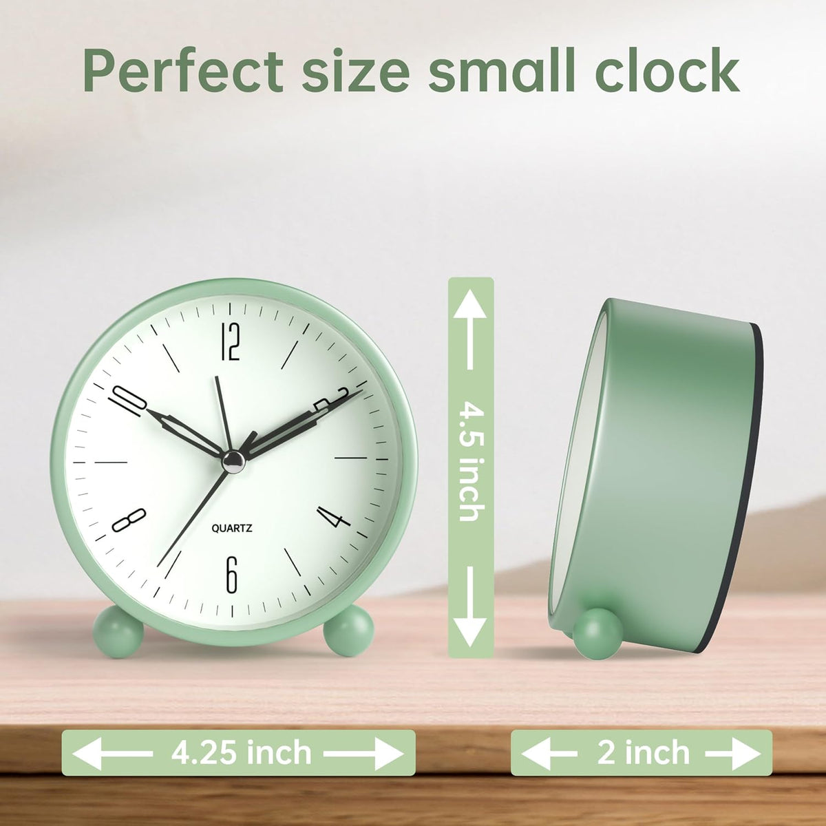 JALL Analog Alarm Clock, 4 inch Super Silent Non Ticking Small Clock with Night Light, Battery Operated, Simple Design, Old Fashioned Style Ideal Decor, for Bedroom, Bedside, Desk, Adult, Gift, Green