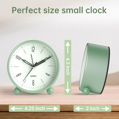 JALL Analog Alarm Clock, 4 inch Super Silent Non Ticking Small Clock with Night Light, Battery Operated, Simple Design, Easy Setting for Office, Bedroom, Bedside, Desk, Teens, Elders, Adult, Green