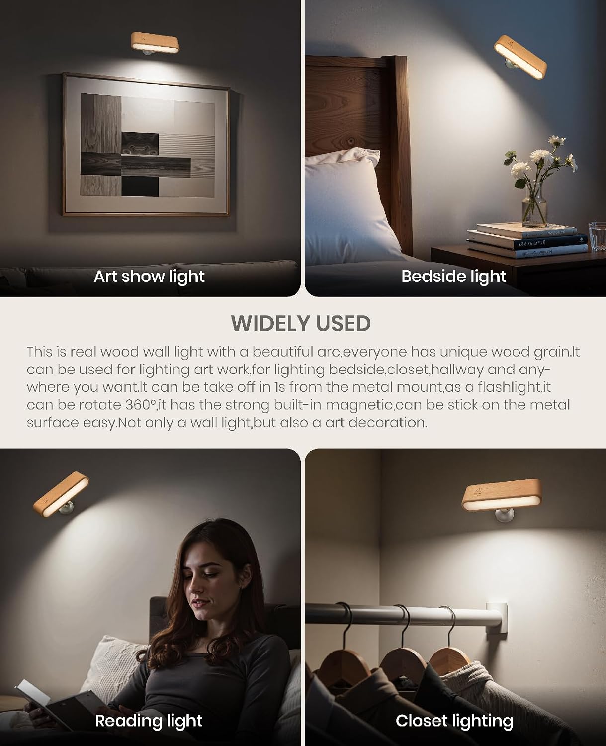 Rechargeable Wall Sconce, Reading Light for Bed, Magnetic Wood Lamp | Set of 2, Black Walnut, Touch Control, Adjustable Brightness, 4000K Nautral Light for Reading, Headboard Light, 360° Rotation