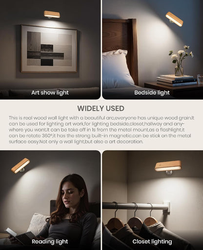 Rechargeable Wall Sconce, Reading Light for Bed, Magnetic Wood Lamp | Set of 2, Black Walnut, Touch Control, Adjustable Brightness, 4000K Nautral Light for Reading, Headboard Light, 360° Rotation