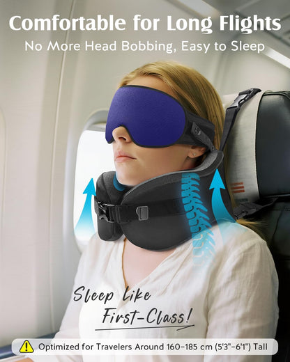 YFONG Travel Pillow with Head Support & Sleep Mask for Long Flights, Black | Patented 360° Support System, Prevents Bobbing, Airplane Head Strap, 3D Eye Mask, Memory Foam Neck Pillow, Travel Essential