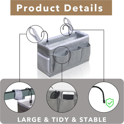Kanrichu Bedside Caddy Hanging Storage Bag, Organizer Baskets with Pockets for Bunk Bed Accessories, Loft & Dorm Rooms Chair Bed Rails (Gray)