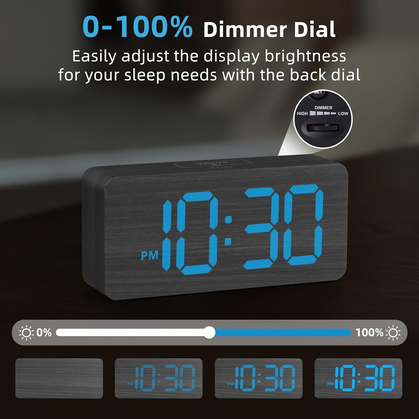 uscce Wooden Digital Alarm Clocks for Bedrooms with 0-100% Dimmable Display | Desk Clock with Large Numbers for Living Room - Loud Dual Alarm for Heavy Sleepers with Volume Control - Wood Decor & Gifts