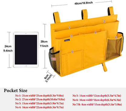 Surblue Bedside Caddy Hanging Organizer Storage Bag Pocket for Bunk, Hospital, College Dorm Rooms, Baby Bed Rails, Camp - 4 Pockets, 2 Hooks (Blue)
