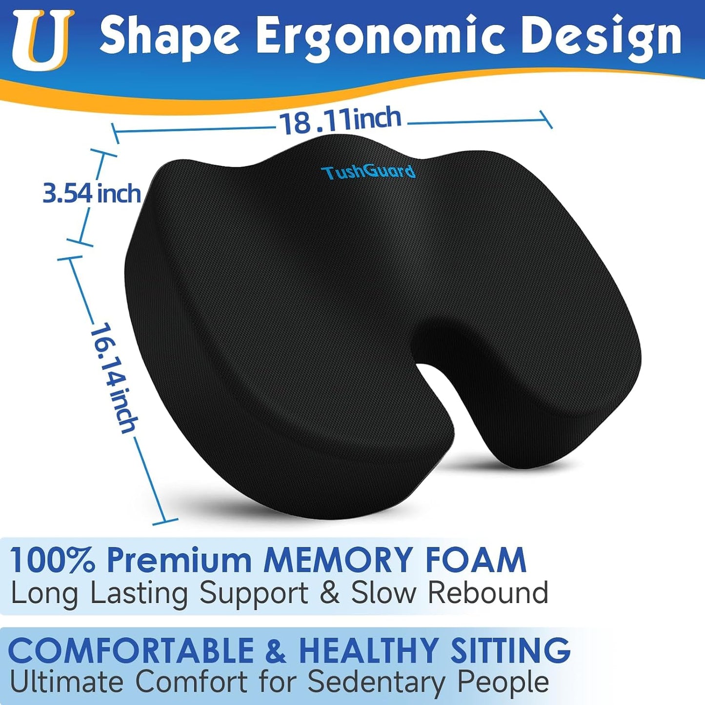 TushGuard Seat Cushion for Office Chair, Car, Memory Foam, Black Large | For Back, Coccyx, Sciatica, Tailbone Pain, Ergonomic Design, Non-Slip, Desk Wheelchair Use, Supportive Butt Pillow, For Man