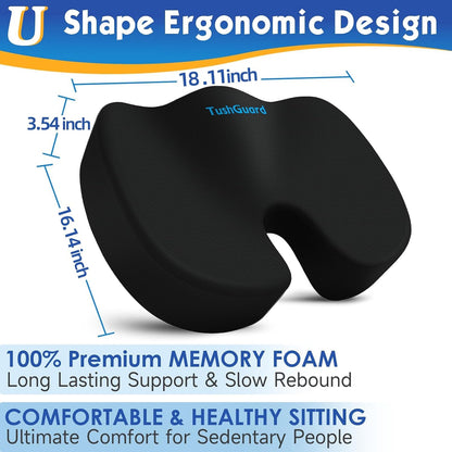 TushGuard Seat Cushion for Office Chair, Car, Memory Foam, Black Large | For Back, Coccyx, Sciatica, Tailbone Pain, Ergonomic Design, Non-Slip, Desk Wheelchair Use, Supportive Butt Pillow, For Man