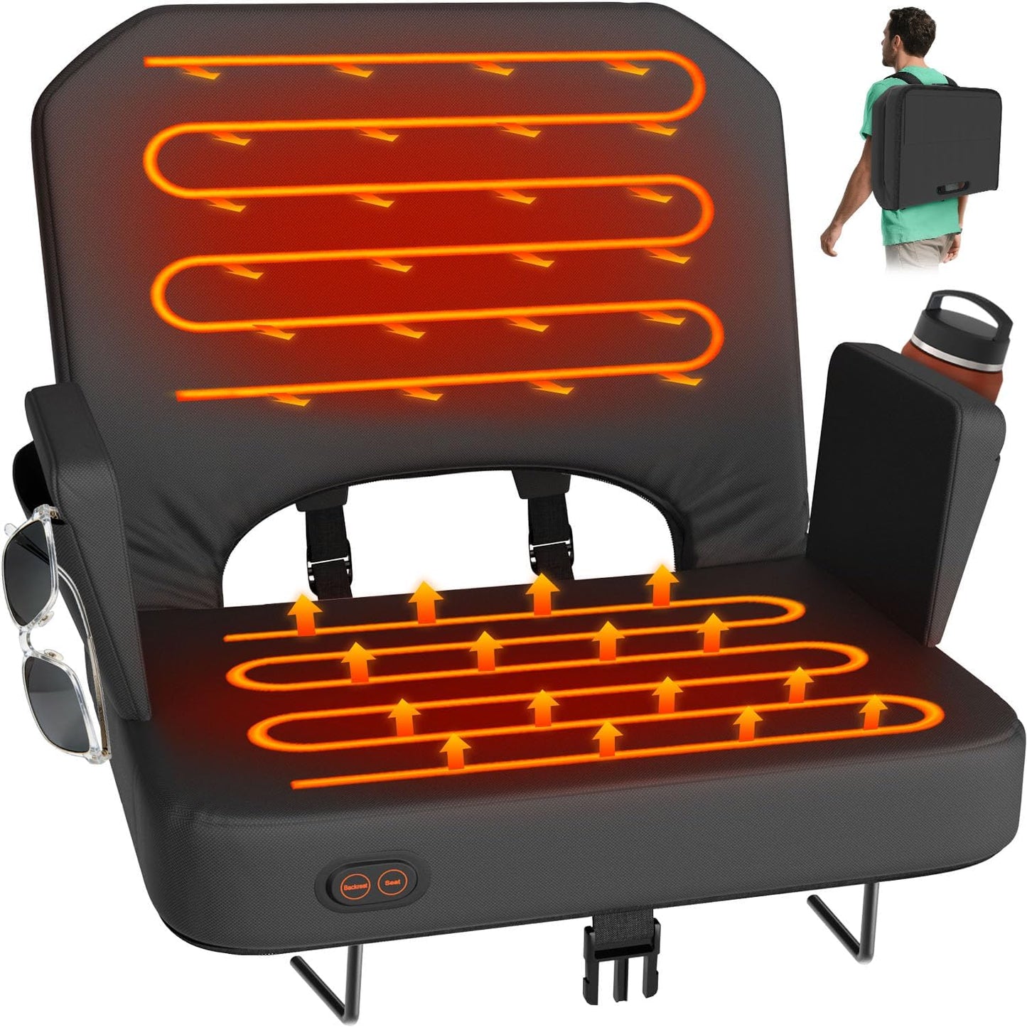 HOPERAN Heated Stadium Seats for Bleachers, Dual Control, Foldable Armrests | Independent Seat & Back 3 Level Heat (Battery Not Included), Soft Cushion, Recliner, Anti-Slip, Side Pockets, Oxford Fabric