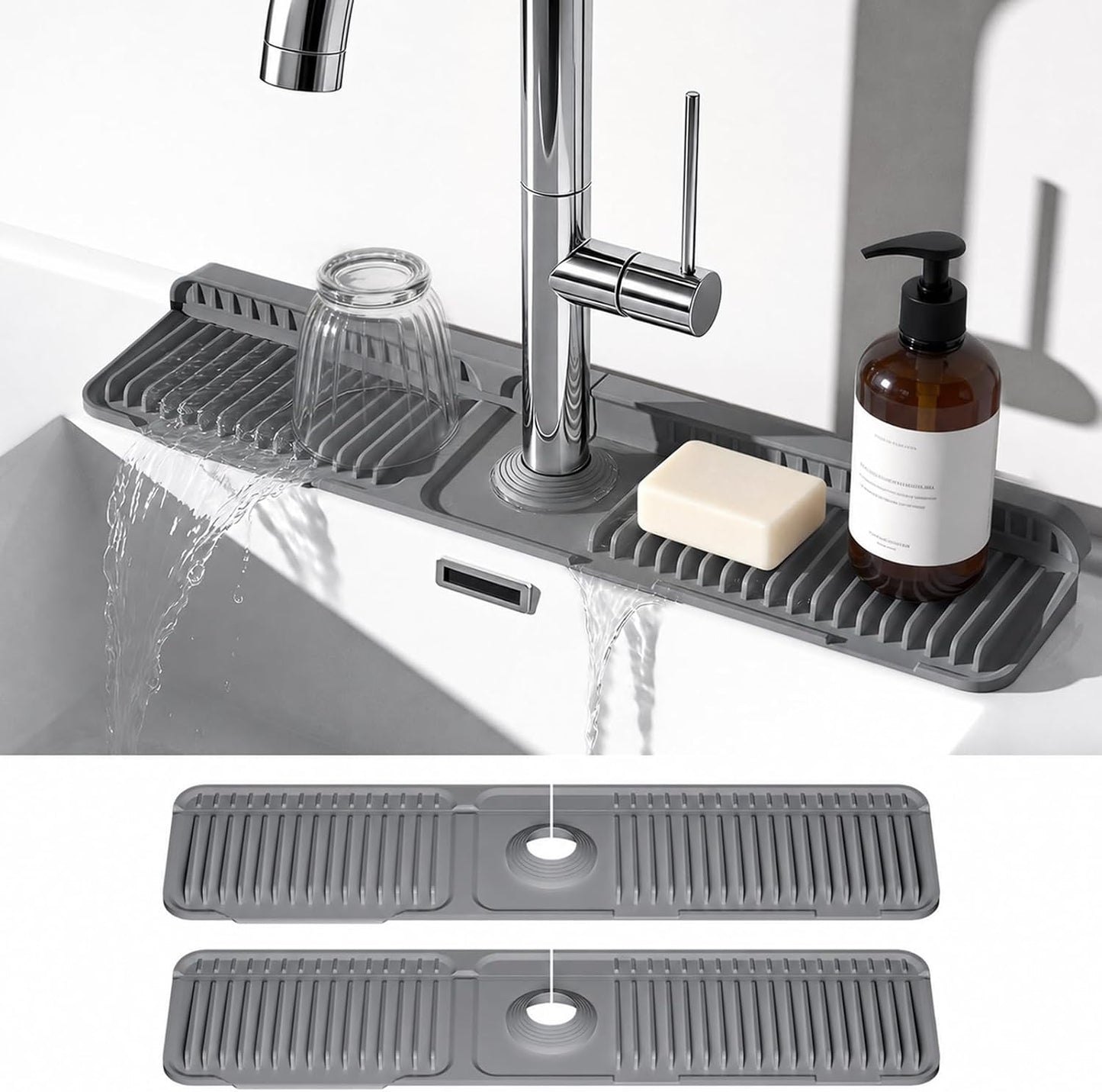 24 Inch Faucet Mat for Kitchen Sink, Silicone Splash Guard for Kitchen Sink Area, 7° Slope Fast Self-Draining Sink Mat, Cuttable Hole Design, Sink Backsplash Guard Draining Mat, Grey