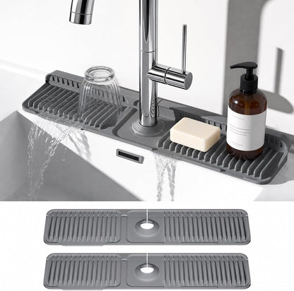 24 Inch Faucet Mat for Kitchen Sink, Silicone Splash Guard for Kitchen Sink Area, 7° Slope Fast Self-Draining Sink Mat, Cuttable Hole Design, Sink Backsplash Guard Draining Mat, Grey