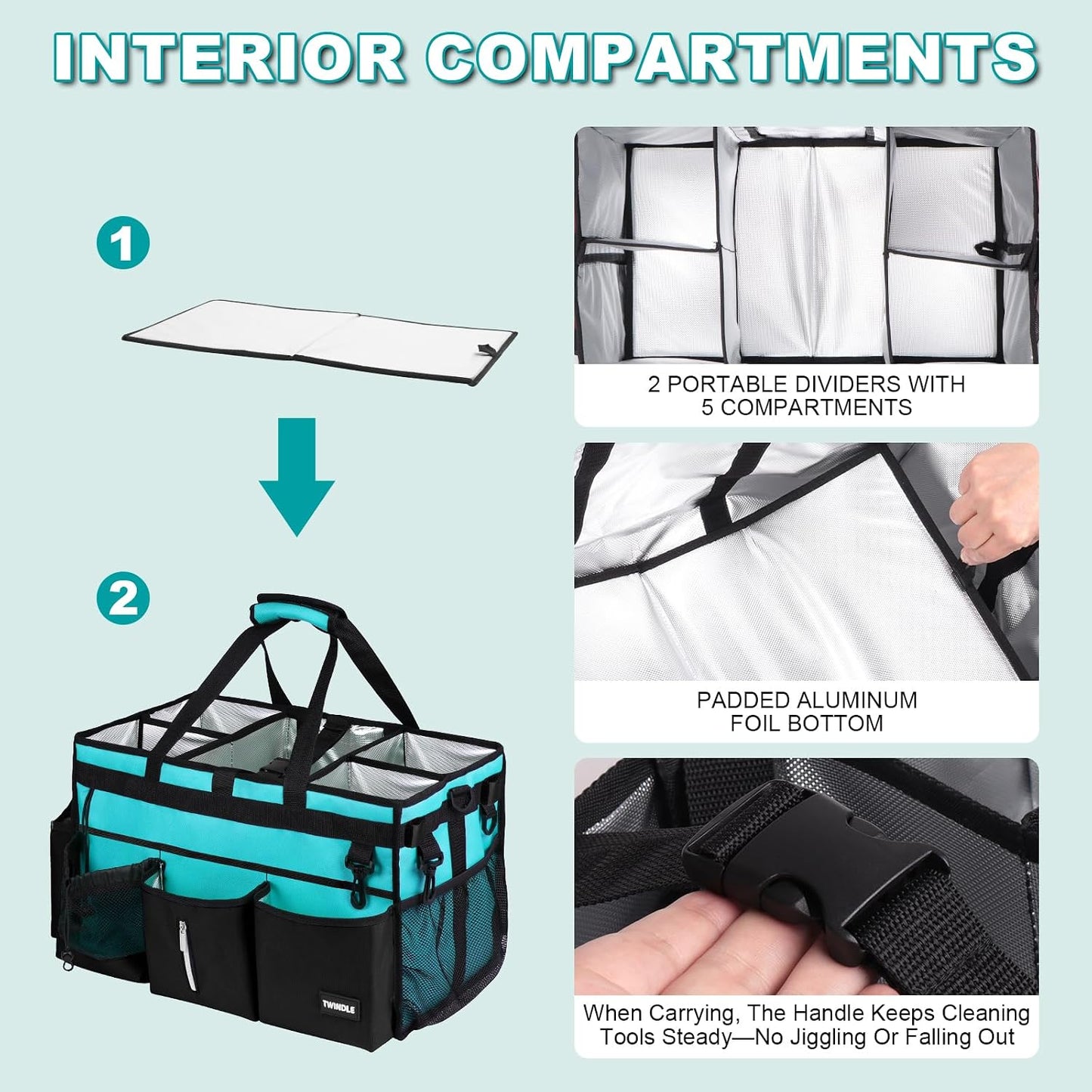 Extra Large Cleaning Caddy Bag with Built-In Support Board, Cleaning Tote Organizer with Removable Divider, Supply Carryall with Adjustable Shoulder Strap and Waist Belt for Cleaners & Housekeeper