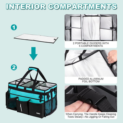 Extra Large Cleaning Caddy Bag with Built-In Support Board, Cleaning Tote Organizer with Removable Divider, Supply Carryall with Adjustable Shoulder Strap and Waist Belt for Cleaners & Housekeeper