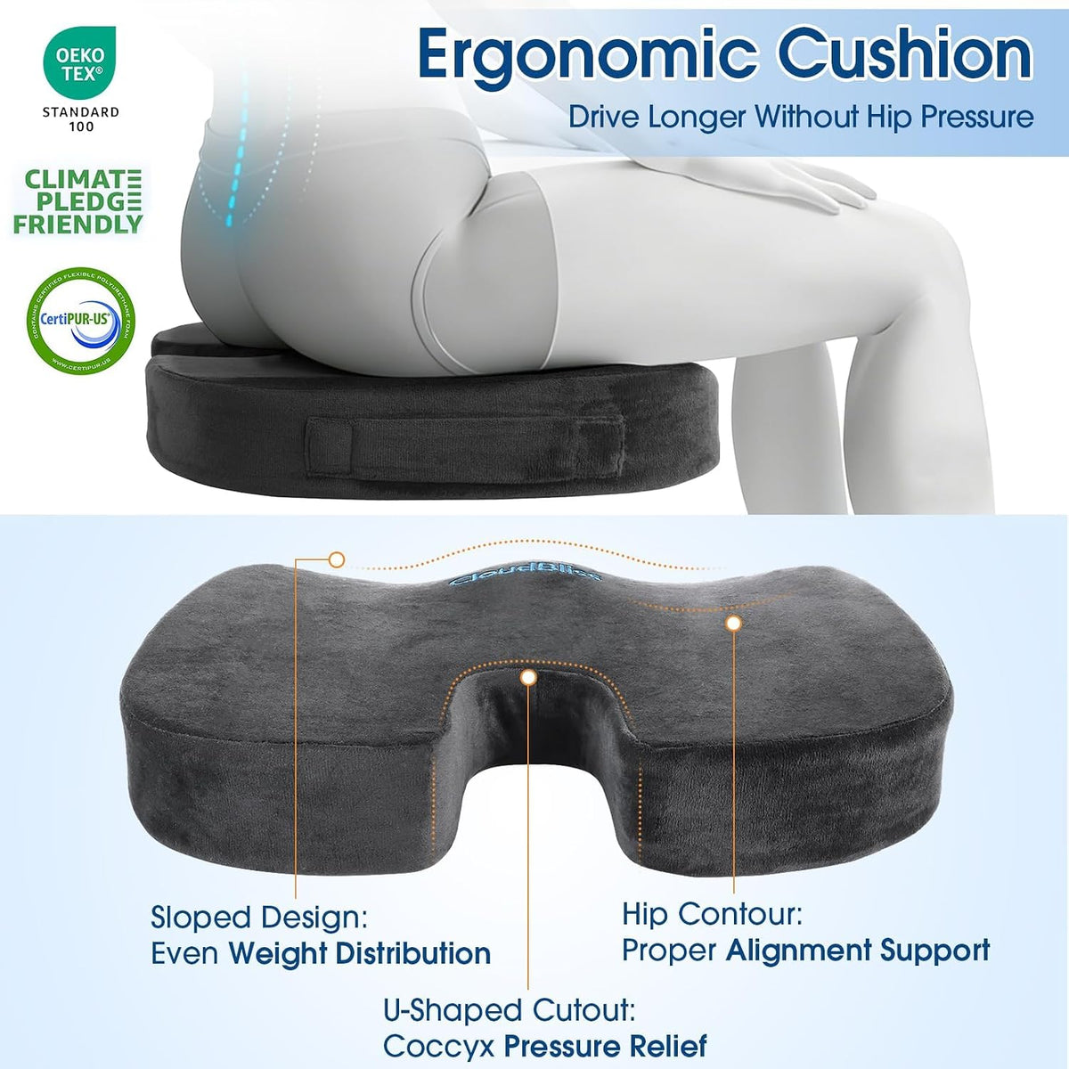 CloudBliss Ergonomic Seat Cushion & Lumbar Support Pillow Set, Black,Large