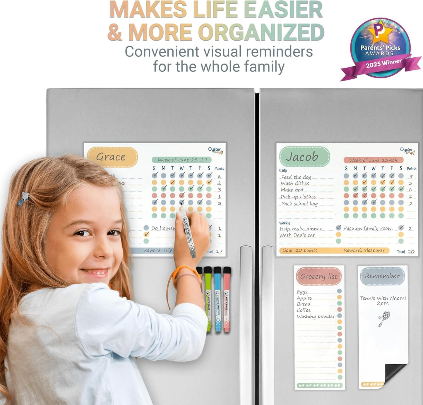 Oyster&Pop Black Chore Charts for Multiple Kids - 3 Pack Magnetic Dry Erase | Build responsibility, independence and routines - give kids and teens their own black magnetic board and weekly rewards