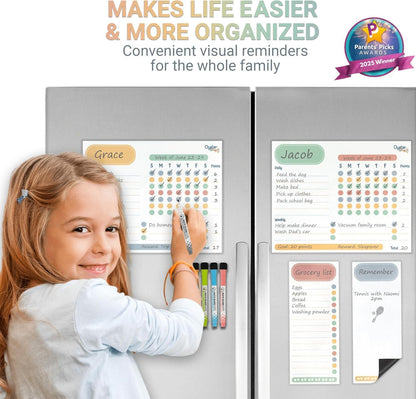 Oyster&Pop Black Chore Charts for Multiple Kids - 3 Pack Magnetic Dry Erase | Build responsibility, independence and routines - give kids and teens their own black magnetic board and weekly rewards
