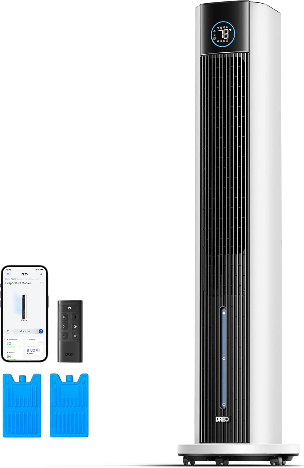 DREO Tower Fan for Bedroom, 43" Cooling Fans That Blow Cold Air 2025 Upgraded, Evaporative Air Cooler, Quiet 85° Oscillating Floor Fan, Easy Cleaning, APP Control, 4 Modes & 4 Speeds, Ink Black