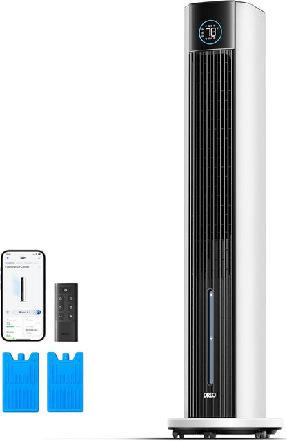 DREO Tower Fan for Bedroom, 43" Cooling Fans That Blow Cold Air 2025 Upgraded, Evaporative Air Cooler, Quiet 85° Oscillating Floor Fan, Easy Cleaning, APP Control, 4 Modes & 4 Speeds, Ink Black