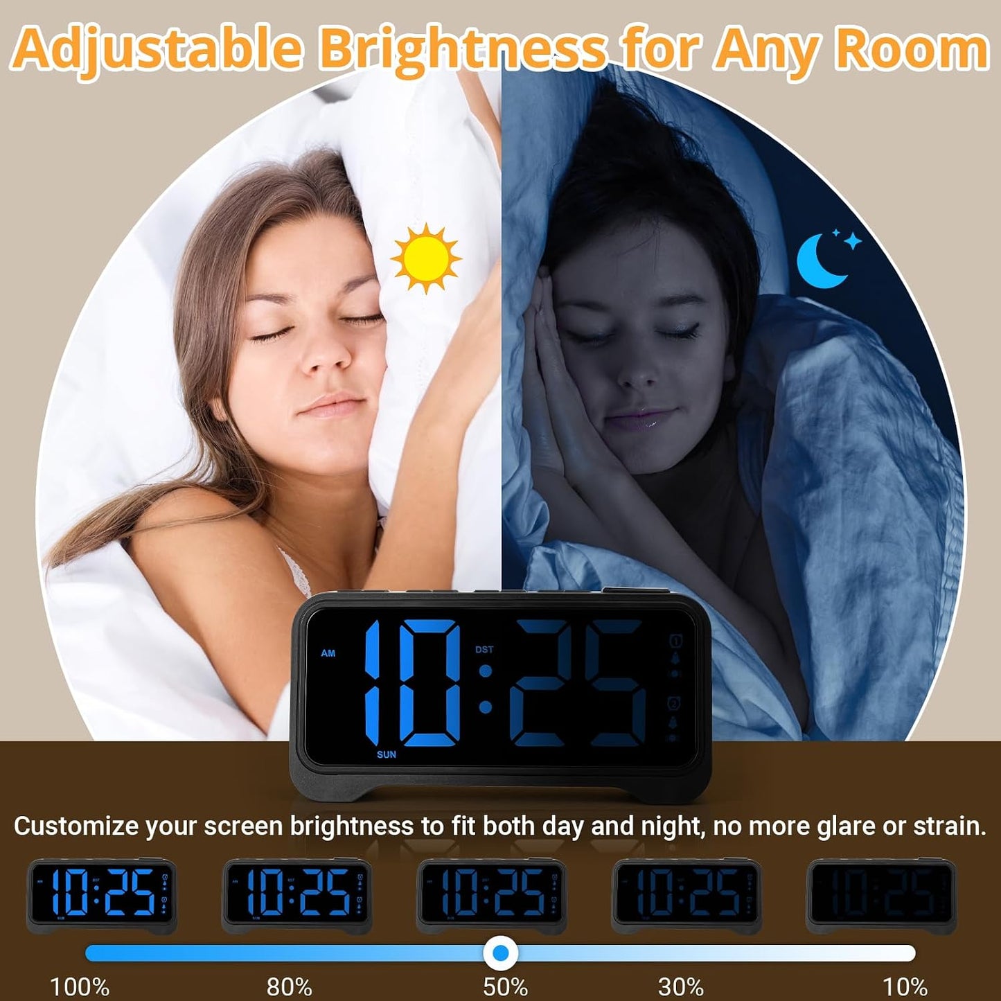 Loud Alarm Clock for Heavy Sleepers Adults, Vibrating Alarm Clock for Teens/Deaf, 7.5" Bright Clear Digital Screen, Adjustable Brightness with Night Light, 3 Levels Bed Shaker Under Pillow, Dual Alarm